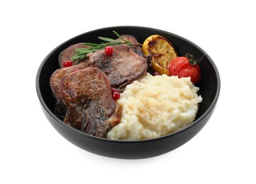 Photo of Tasty beef tongue pieces, berries, lemon, rosemary, mashed potatoes and tomato isolated on white