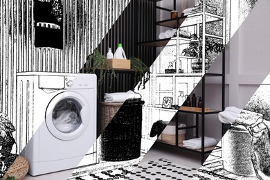 Image of From idea to realization. Beautiful bathroom interior with washing machine and houseplants. Collage of photo and sketch