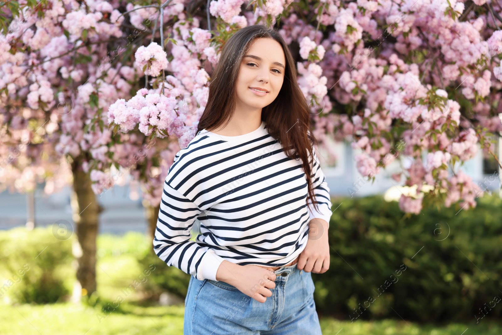 Photo of Beautiful woman near blossoming tree on spring day