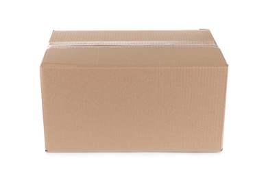 Photo of Cardboard box on white background. Mockup for design