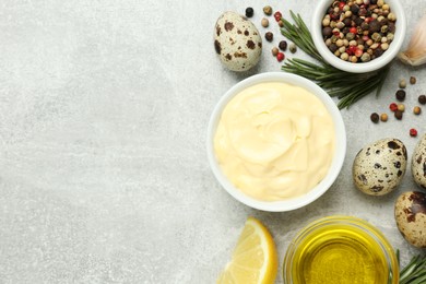 Delicious homemade mayonnaise, spices and ingredients on grey table, flat lay. Space for text