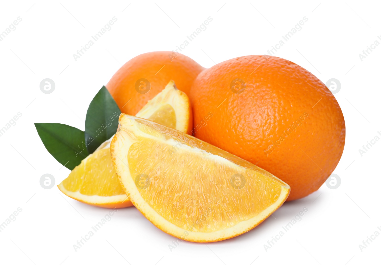 Photo of Fresh oranges with leaves isolated on white