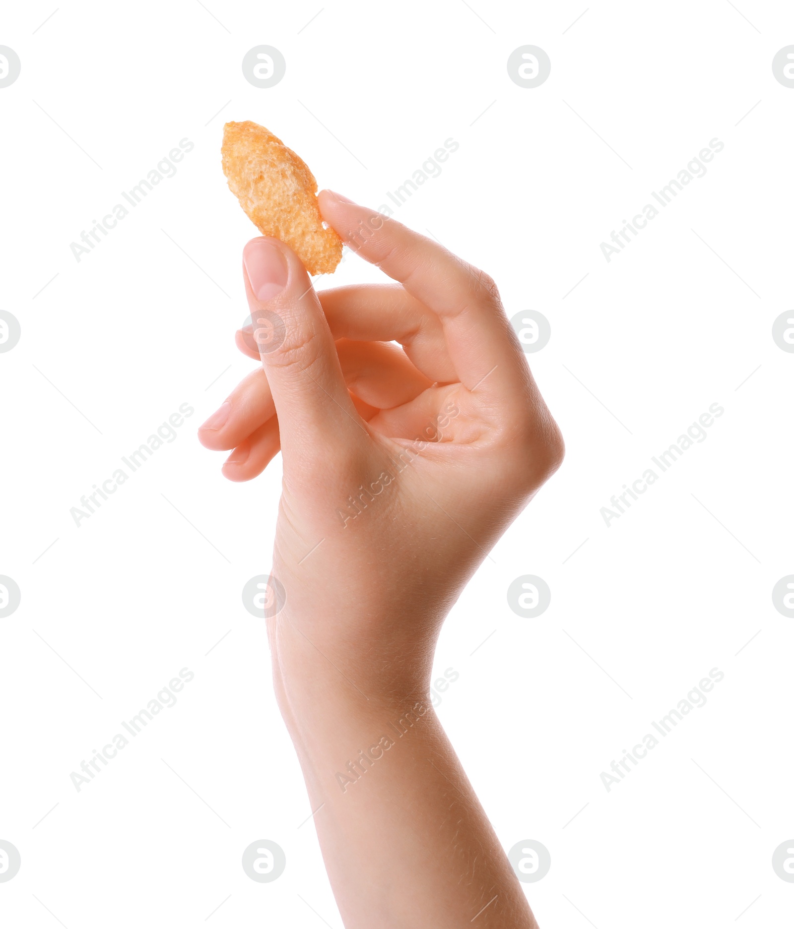 Photo of Woman holding crispy rusk on white background, closeup