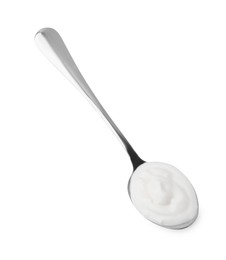 Photo of Delicious natural yogurt in spoon isolated on white, top view