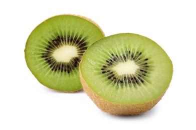 Halves of fresh kiwi on white background