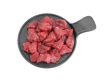 Photo of Pieces of raw beef meat isolated on white, top view