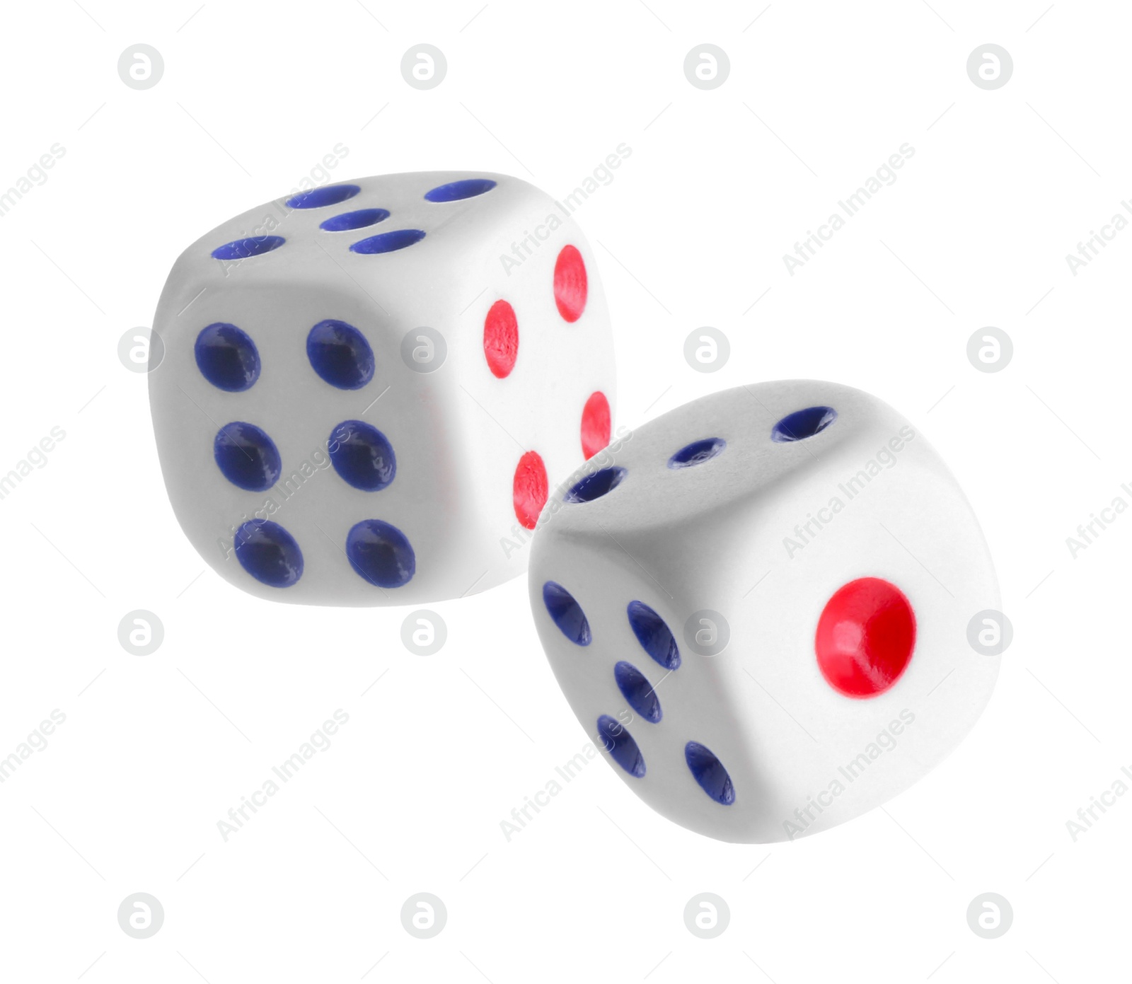 Image of Two dice in air on white background