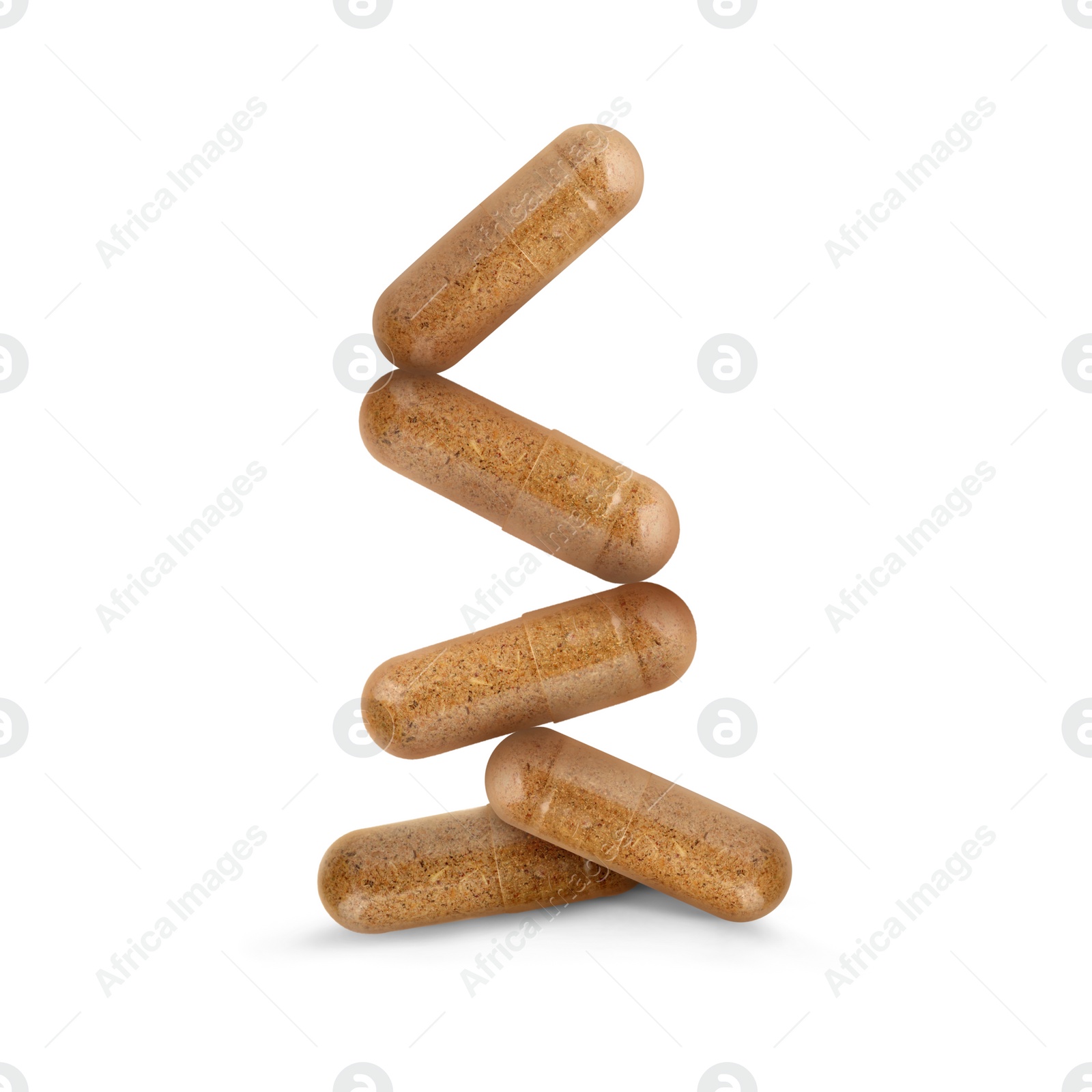 Image of Vitamin. Many capsules falling on white background