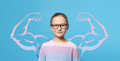 Cute little girl and illustration of muscular arms behind her on light blue background, banner design