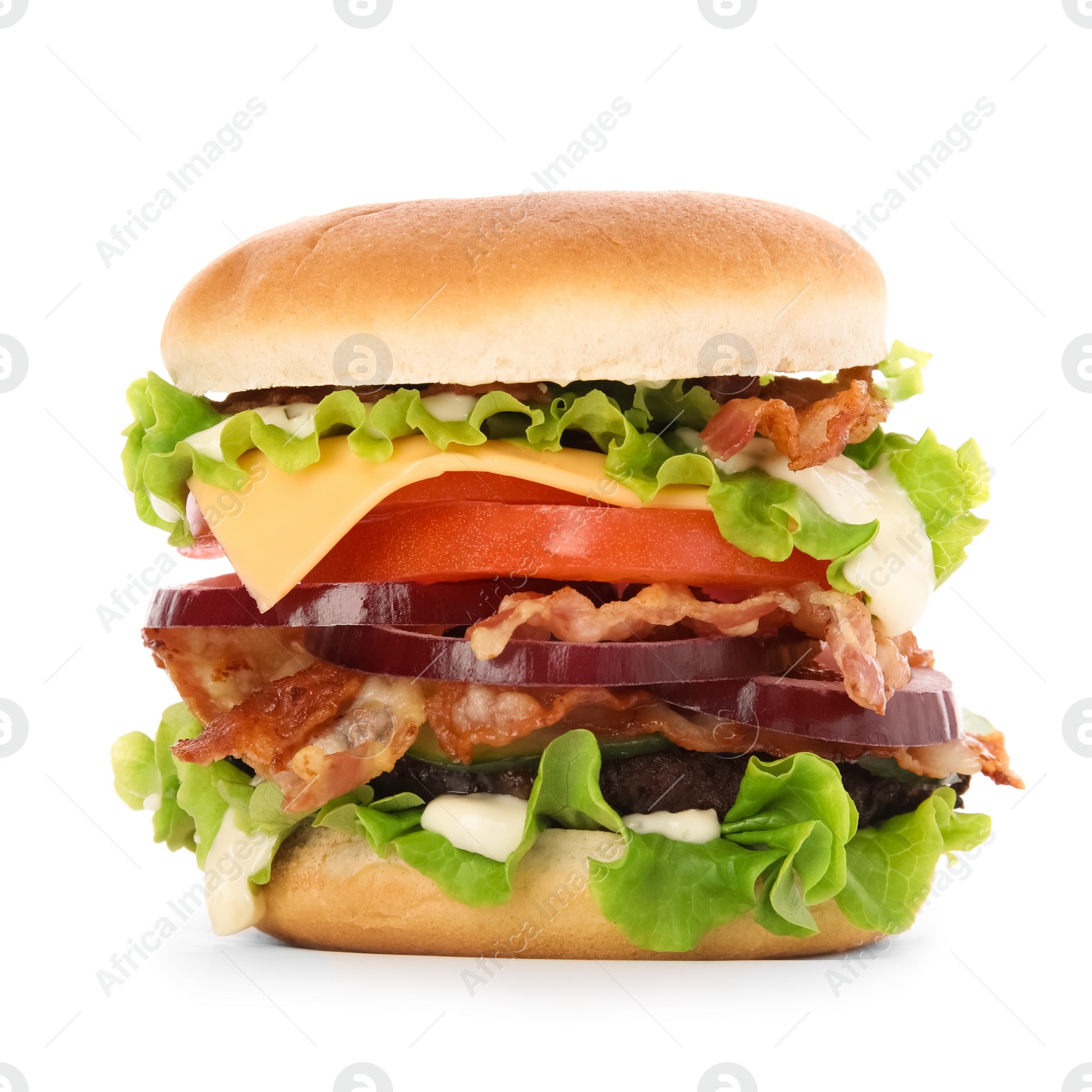 Photo of Tasty burger with bacon isolated on white