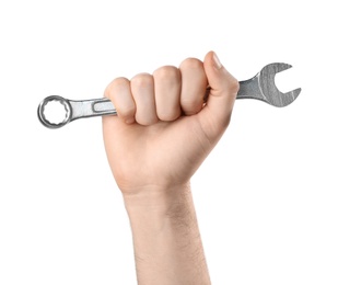 Photo of Man holding combination wrench isolated on white, closeup. Plumbing tools