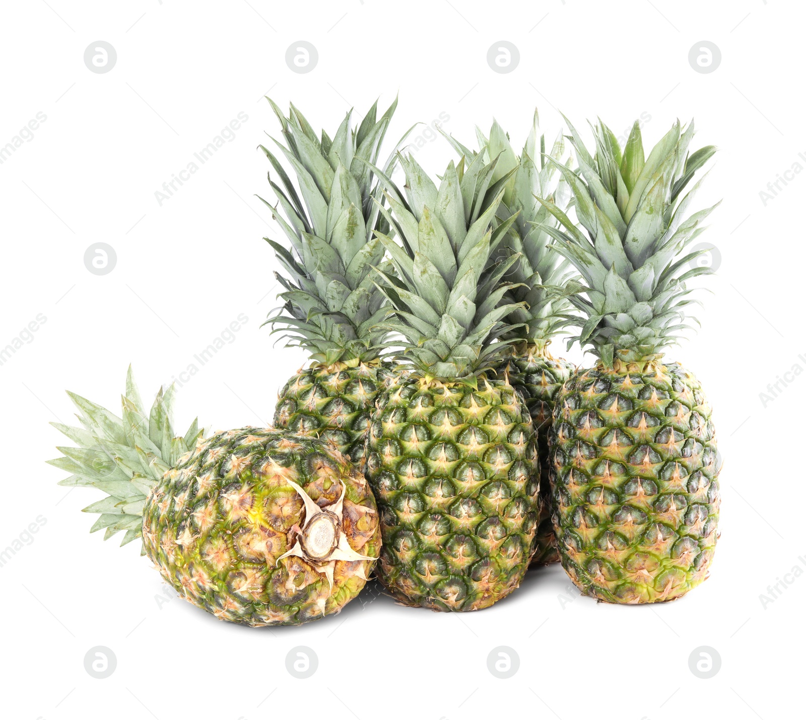 Photo of Many delicious ripe pineapples on white background