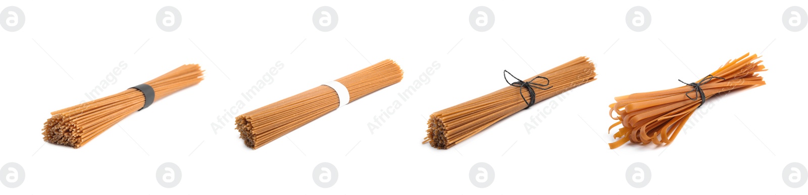 Image of Set of uncooked buckwheat noodles on white background. Banner design