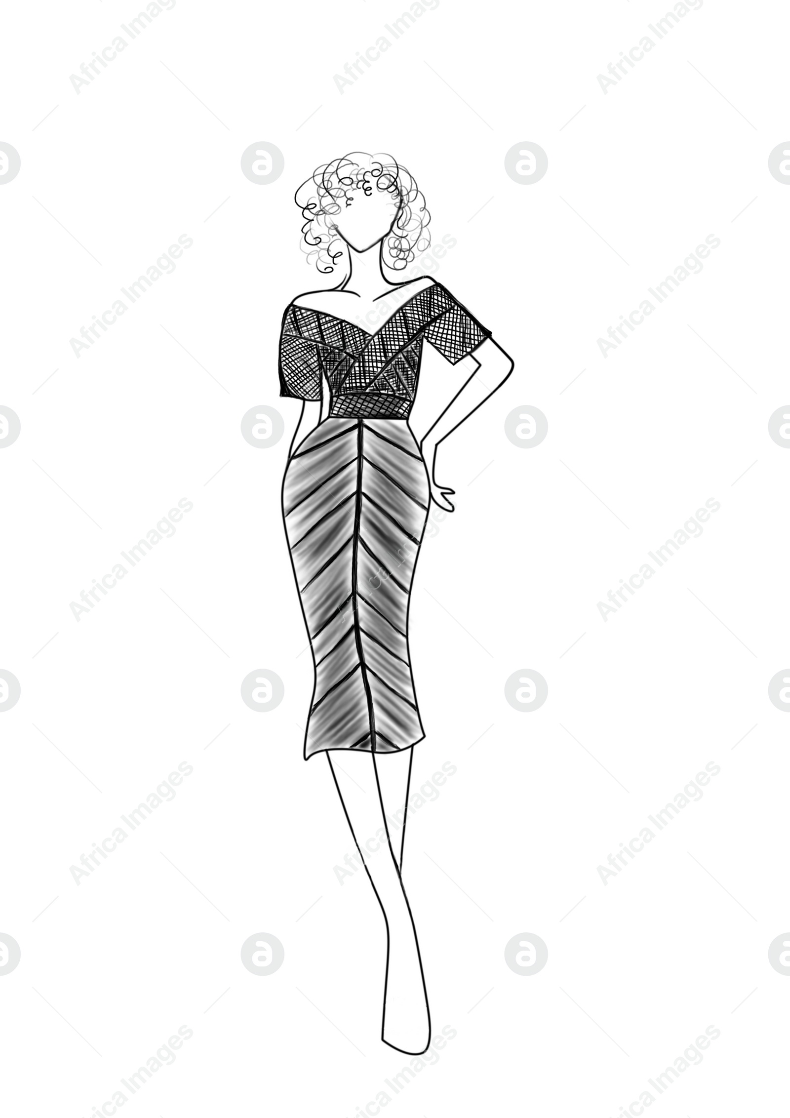 Illustration of Fashion sketch. Model wearing stylish dress on white background, illustration