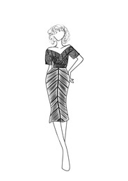 Illustration of Fashion sketch. Model wearing stylish dress on white background, illustration