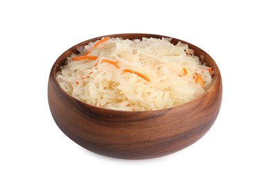 Photo of Wooden bowl of tasty fermented cabbage with carrot isolated on white