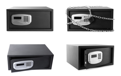 Image of Set of black steel safes on white background