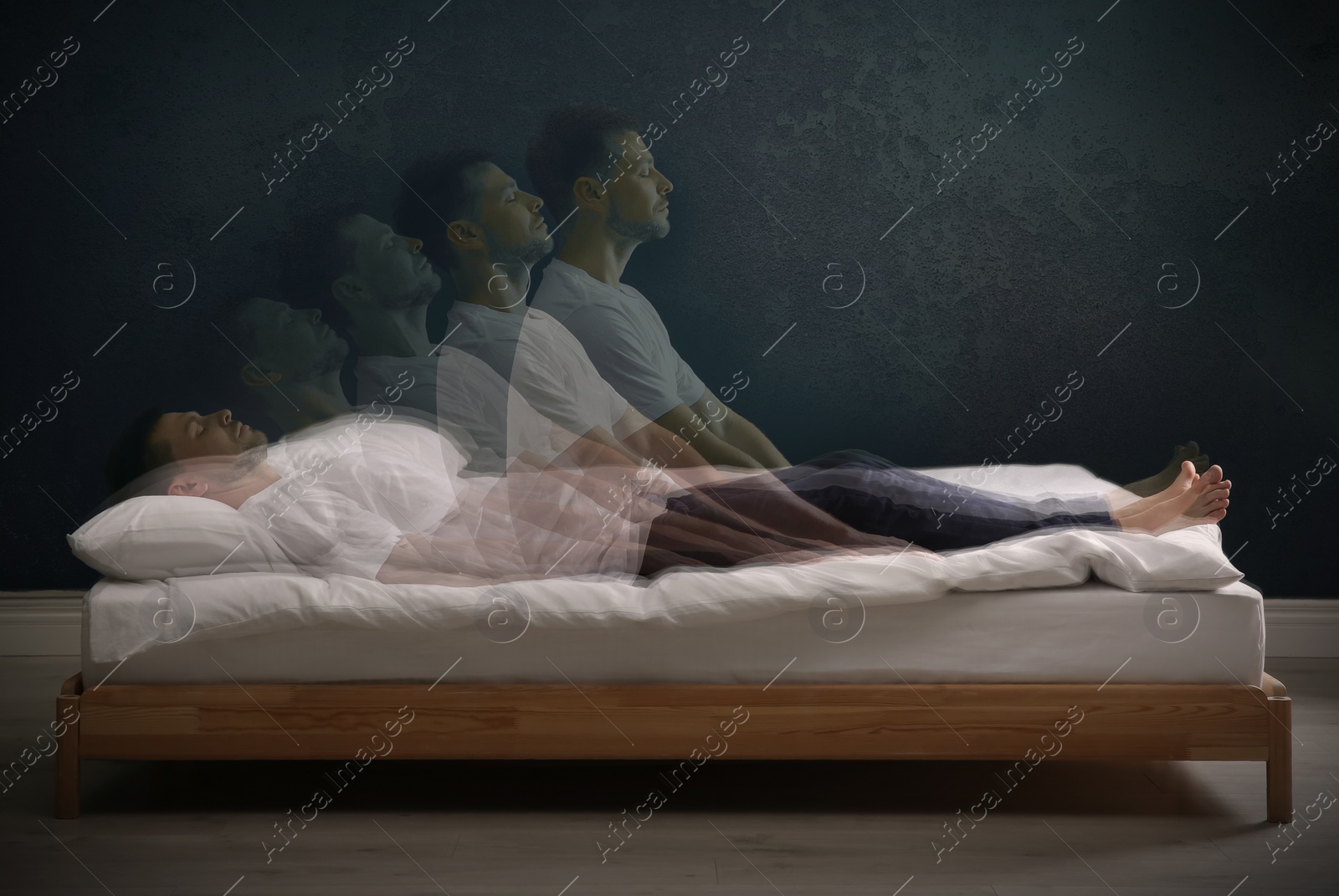 Image of Somnambulist rising from bed near dark wall indoors, multiple exposure. Sleepwalking