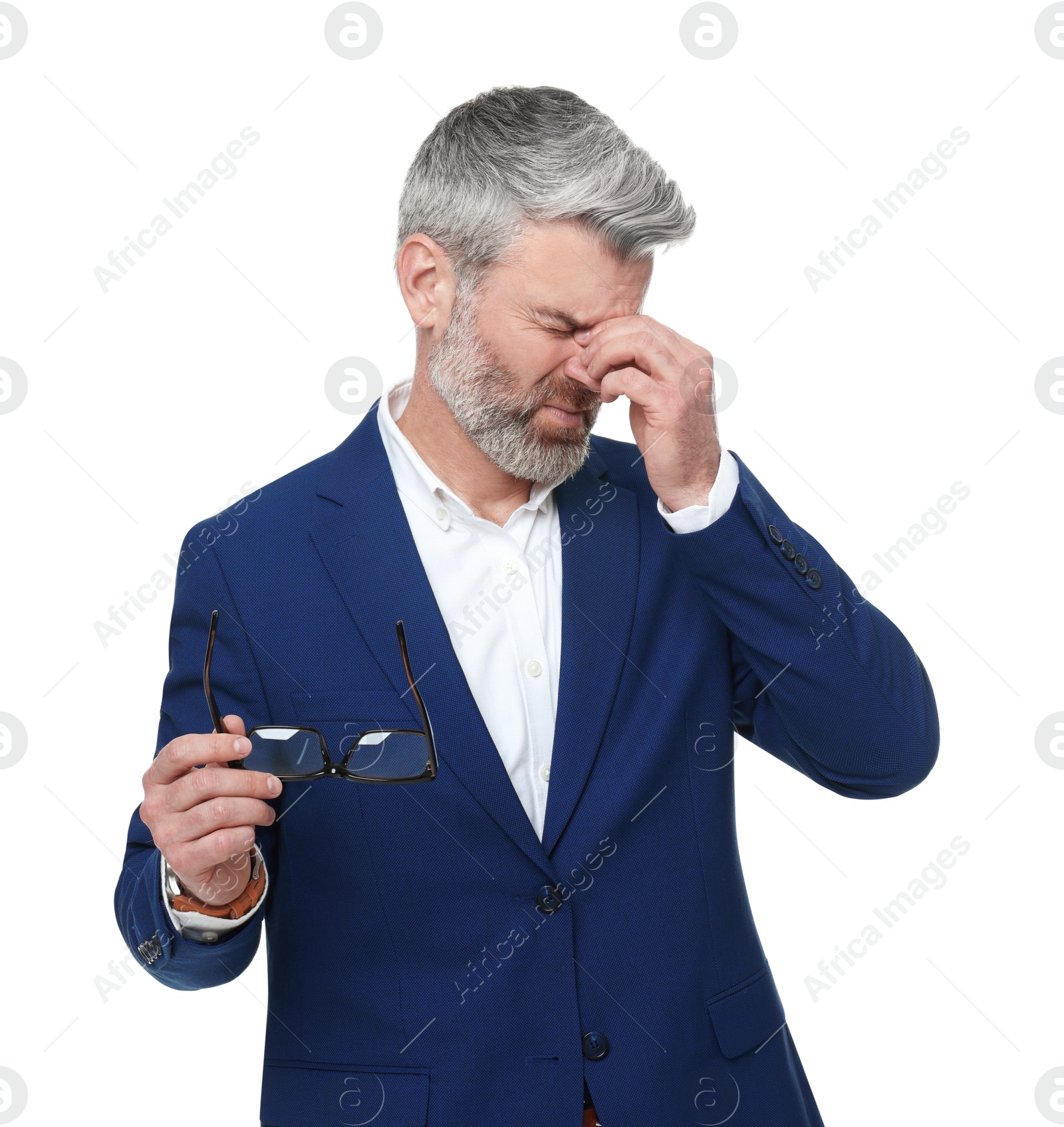 Photo of Mature businessman in stylish clothes with eyeglasses on white background