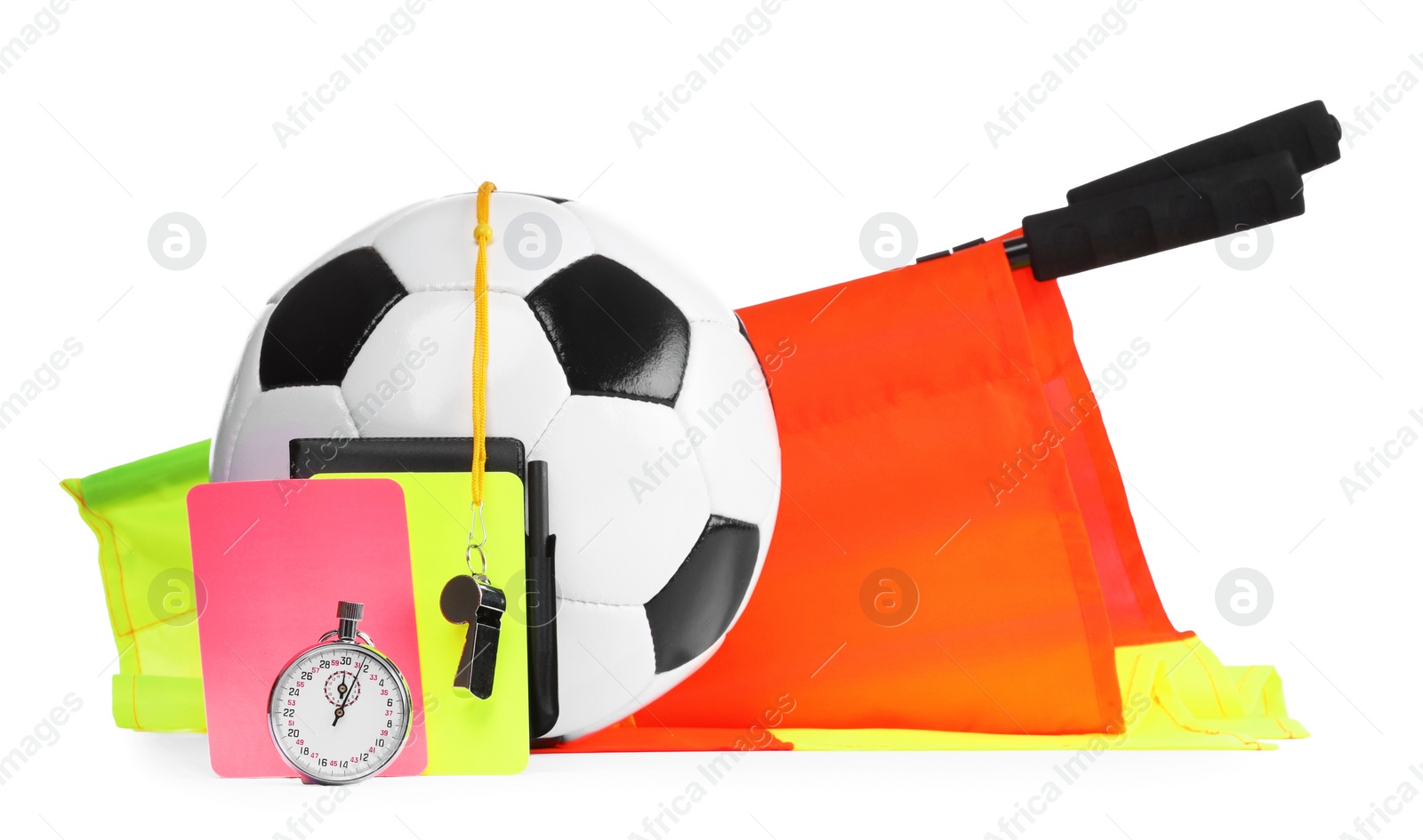 Photo of Football referee equipment. Soccer ball, flags, stopwatch, cards and whistle isolated on white