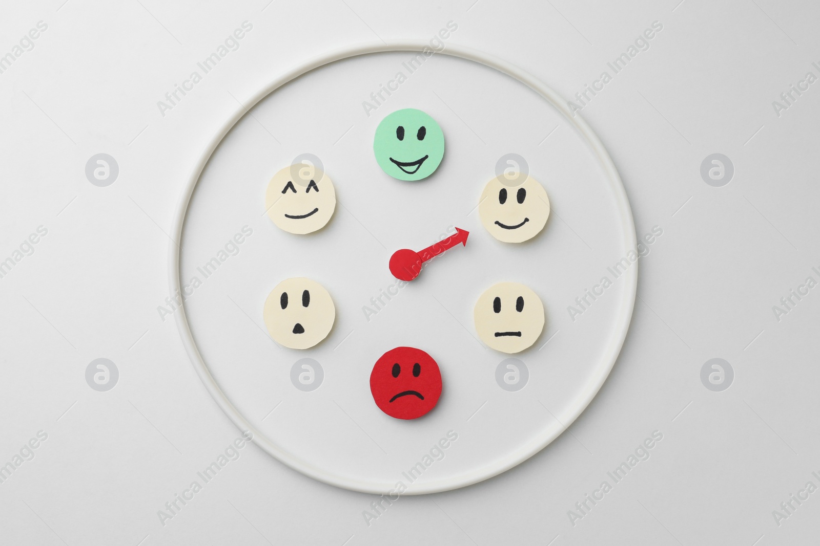 Photo of Mood indicator on white background, flat lay. Emotional management