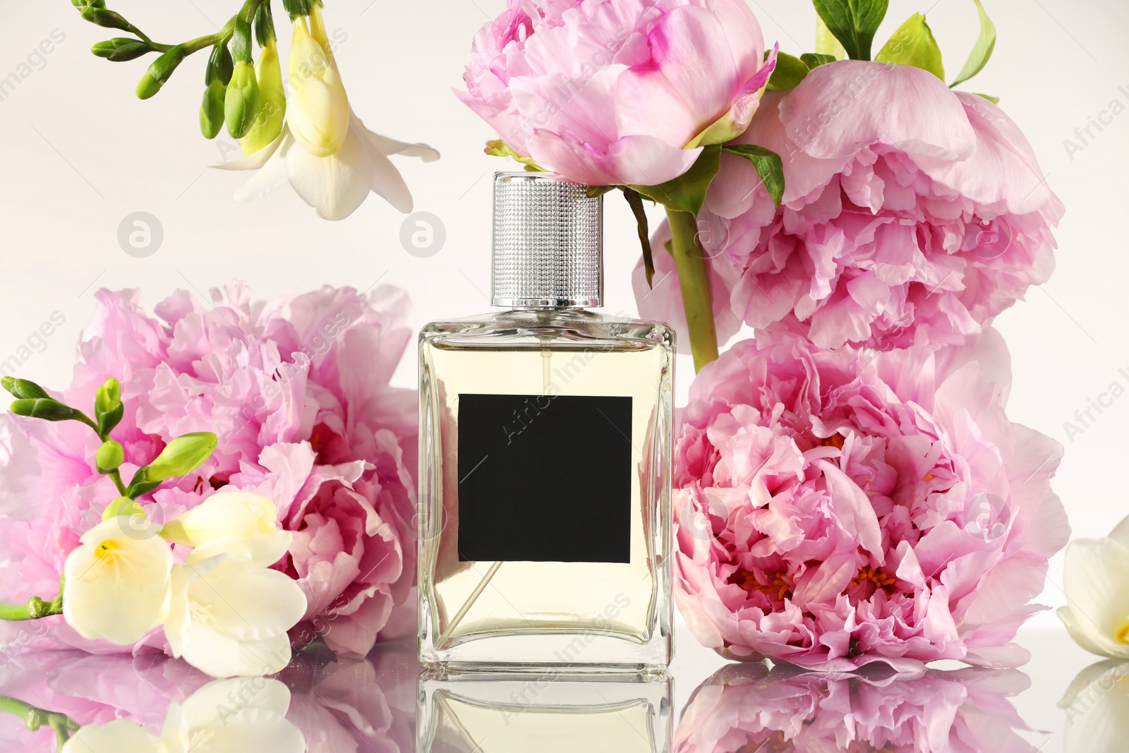 Photo of Bottle of luxury perfume and floral decor on mirror surface against white background