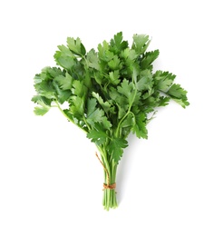 Photo of Bunch of parsley on white background, top view. Fresh herb