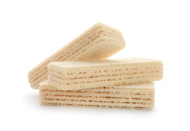 Delicious crispy wafers on white background. Sweet food