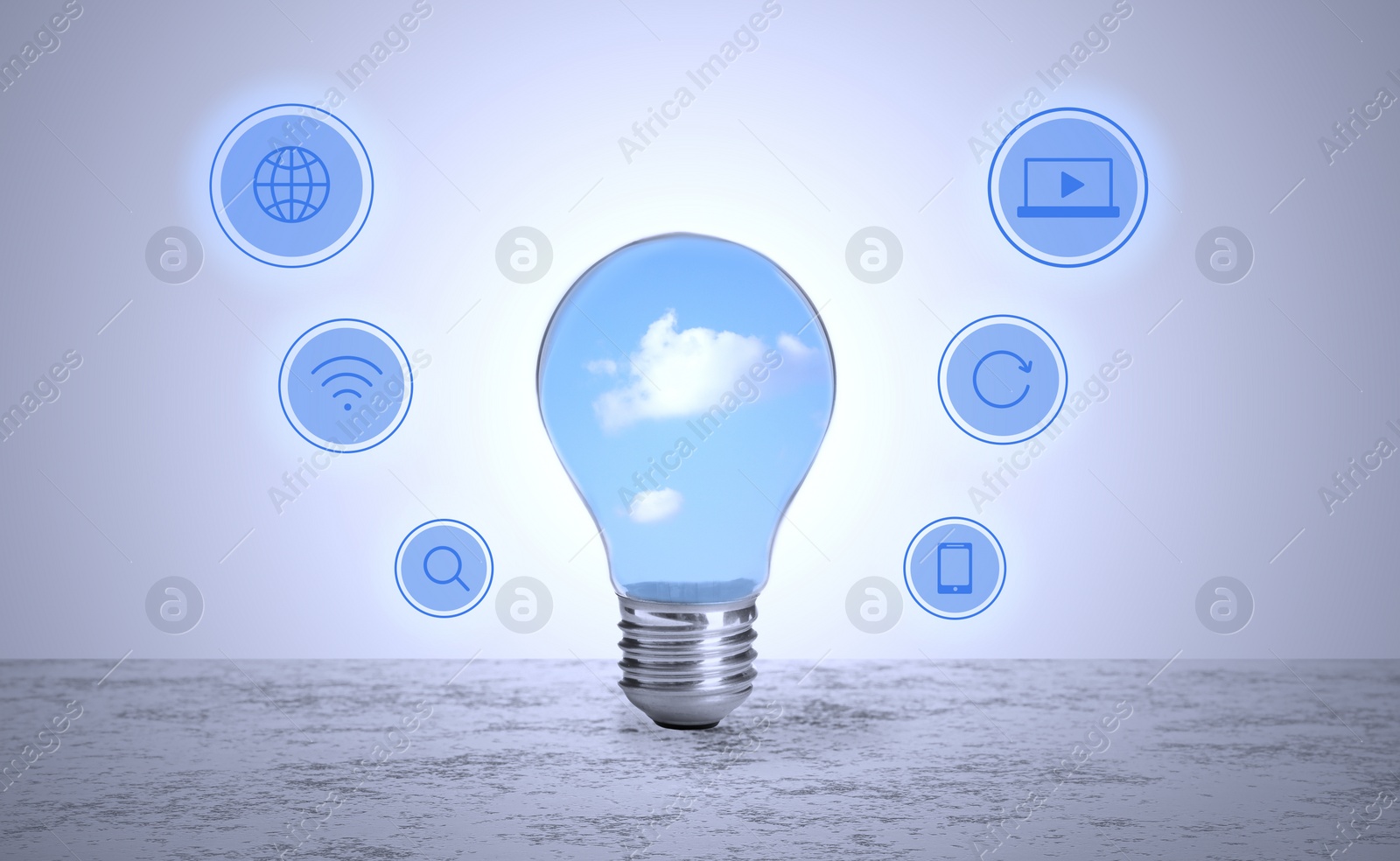 Image of Cloud technology concept. Light bulb with sky and different icons