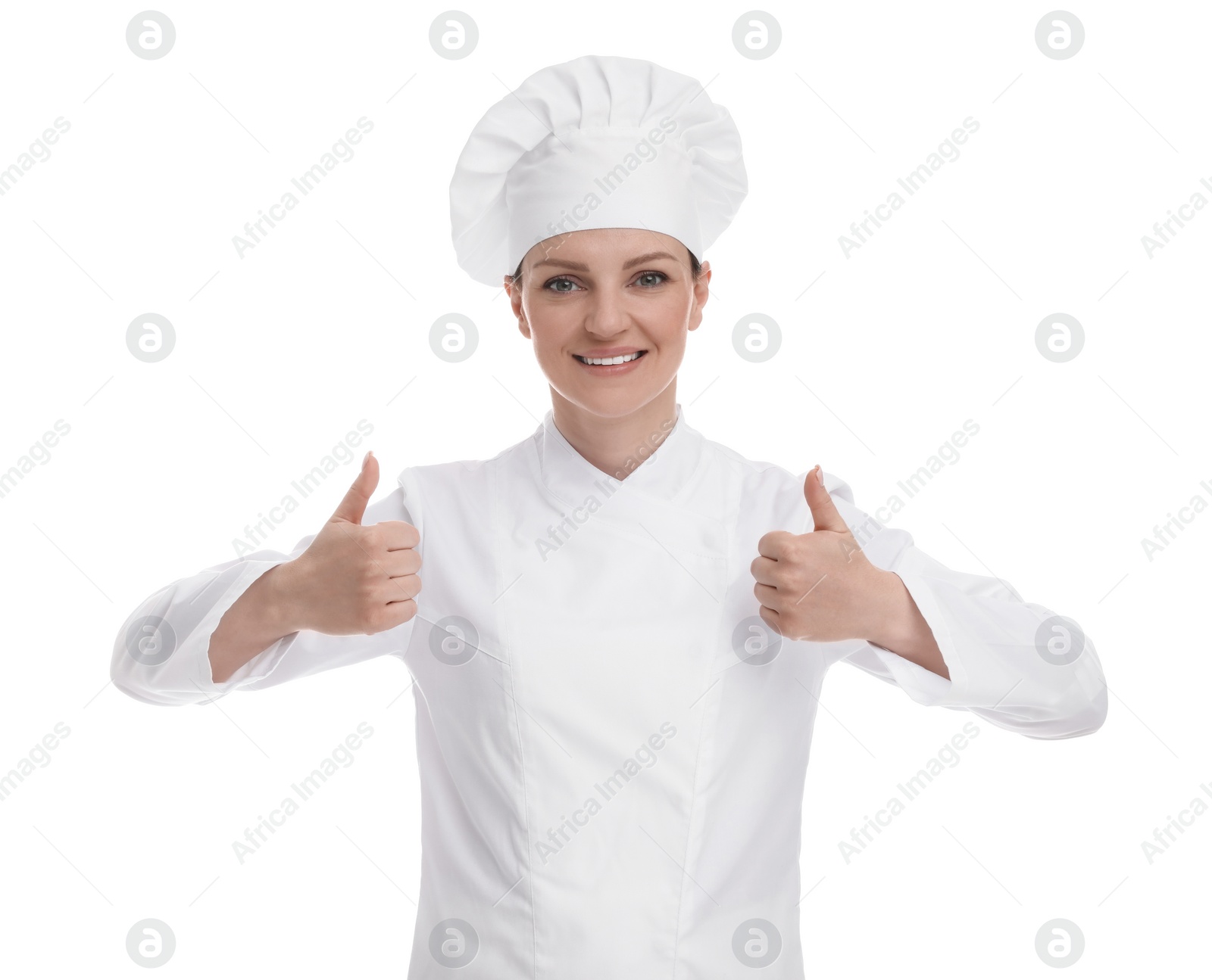 Photo of Happy woman chef in uniform showing thumbs up on white background