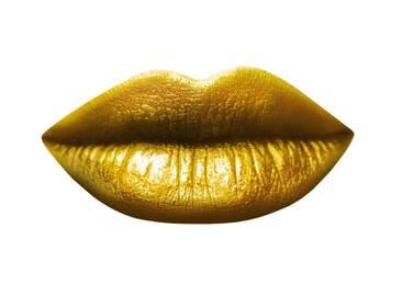 Image of Beautiful lips with shiny golden lipstick on white background