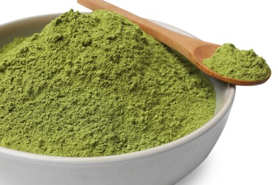 Photo of Green matcha powder in bowl and spoon isolated on white