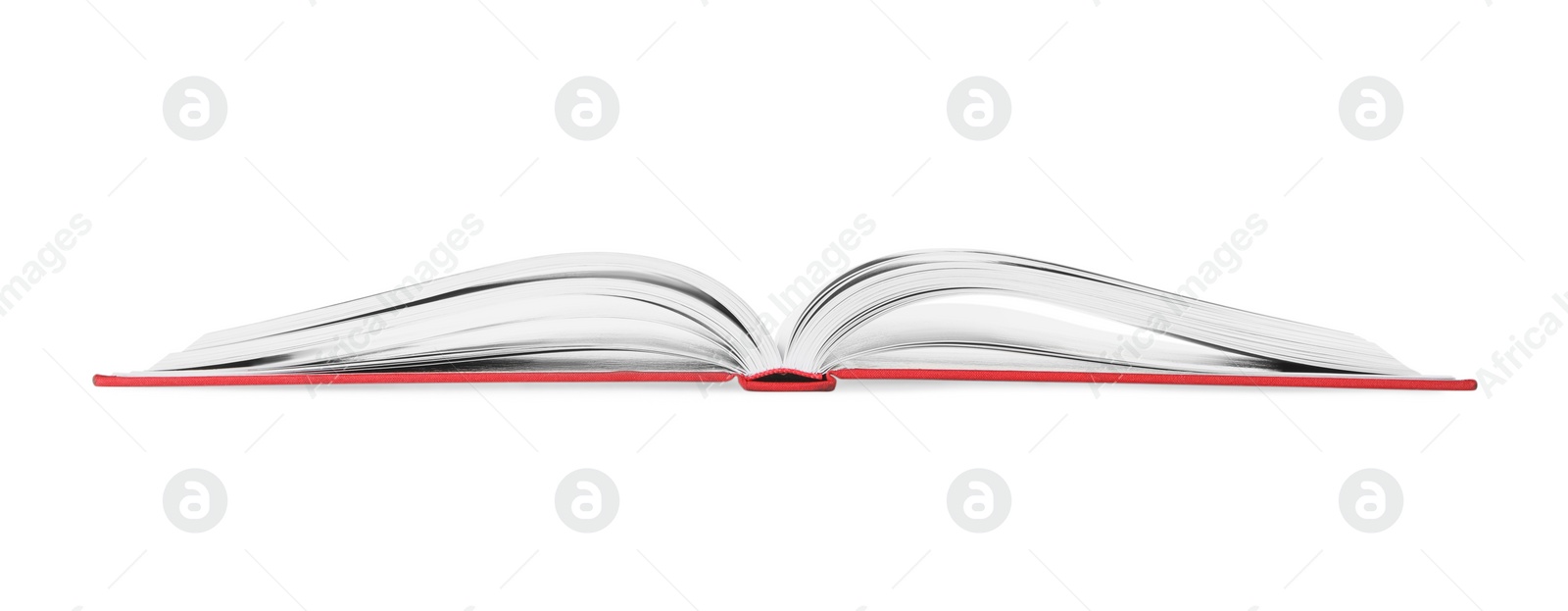 Photo of Open book with red cover on white background