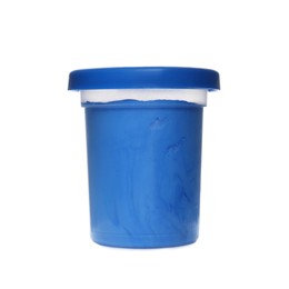 Plastic container with color play dough isolated on white
