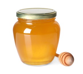 Photo of Tasty natural honey in glass jar and dipper isolated on white