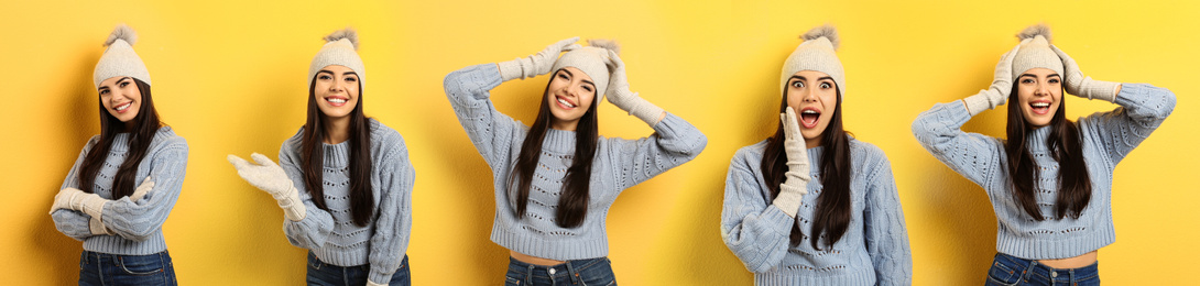 Image of Collage with photos of young woman wearing warm clothes on yellow background, banner design. Winter vacation