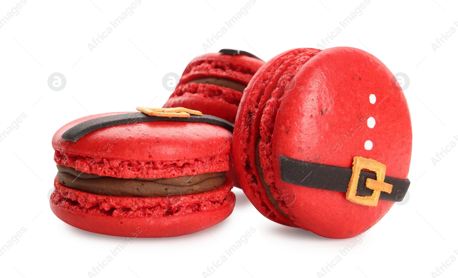 Photo of Beautifully decorated Christmas macarons on white background