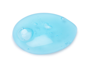 Photo of Sample of light blue cosmetic gel on white background