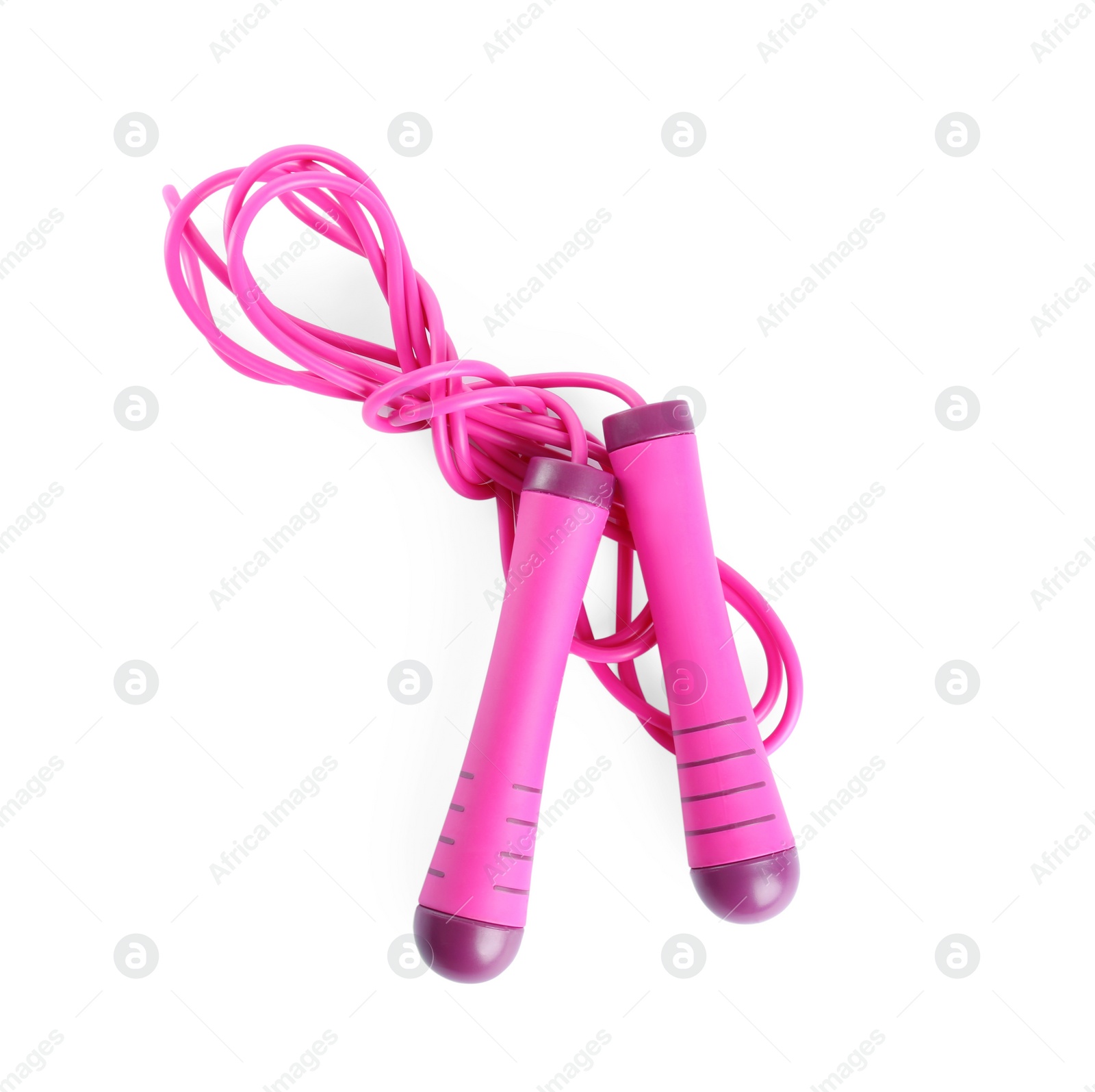 Photo of Pink skipping rope isolated on white, top view