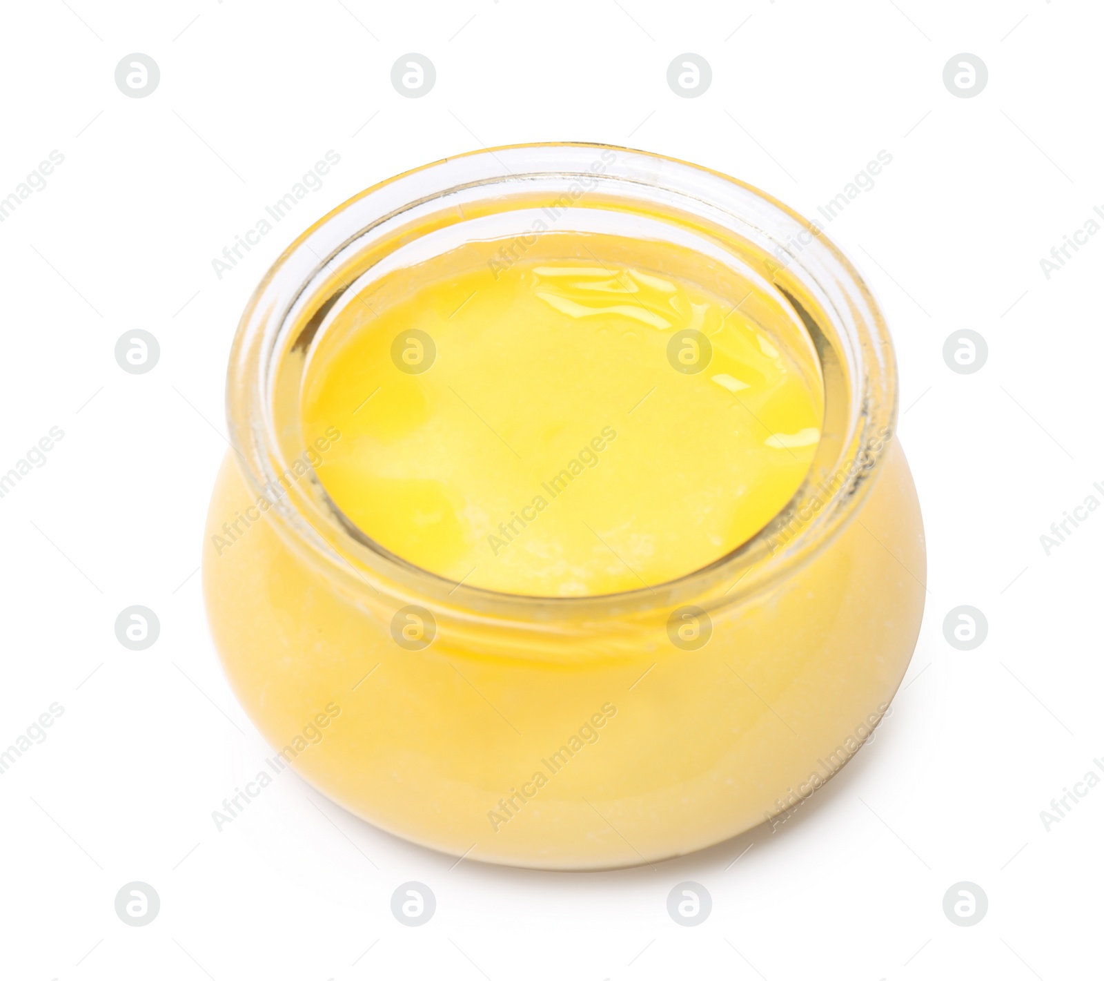 Photo of Glass jar with clarified butter on white background