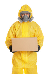 Photo of Man wearing chemical protective suit with cardboard box on white background. Prevention of virus spread