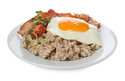 Photo of Tasty boiled oatmeal with fried egg, bacon and tomato isolated on white