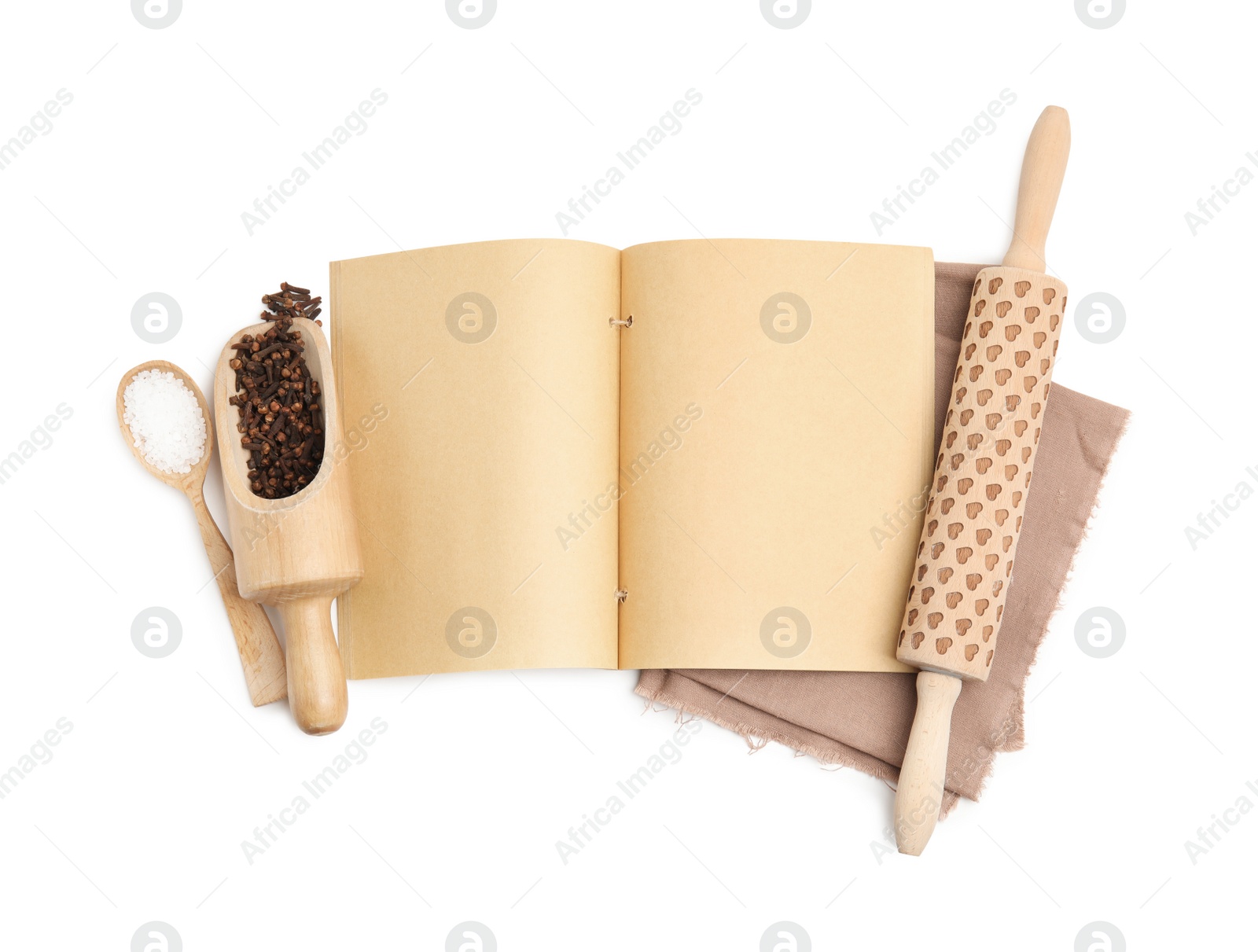 Photo of Blank recipe book, spices and wooden utensils on white background, top view. Space for text