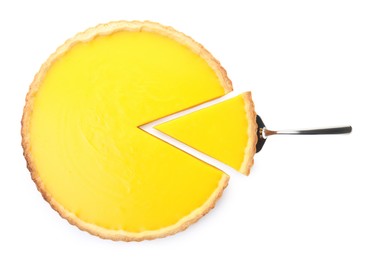 Photo of Cut delicious homemade lemon pie on white background, top view