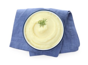 Bowl with freshly cooked homemade mashed potatoes and napkin isolated on white, top view