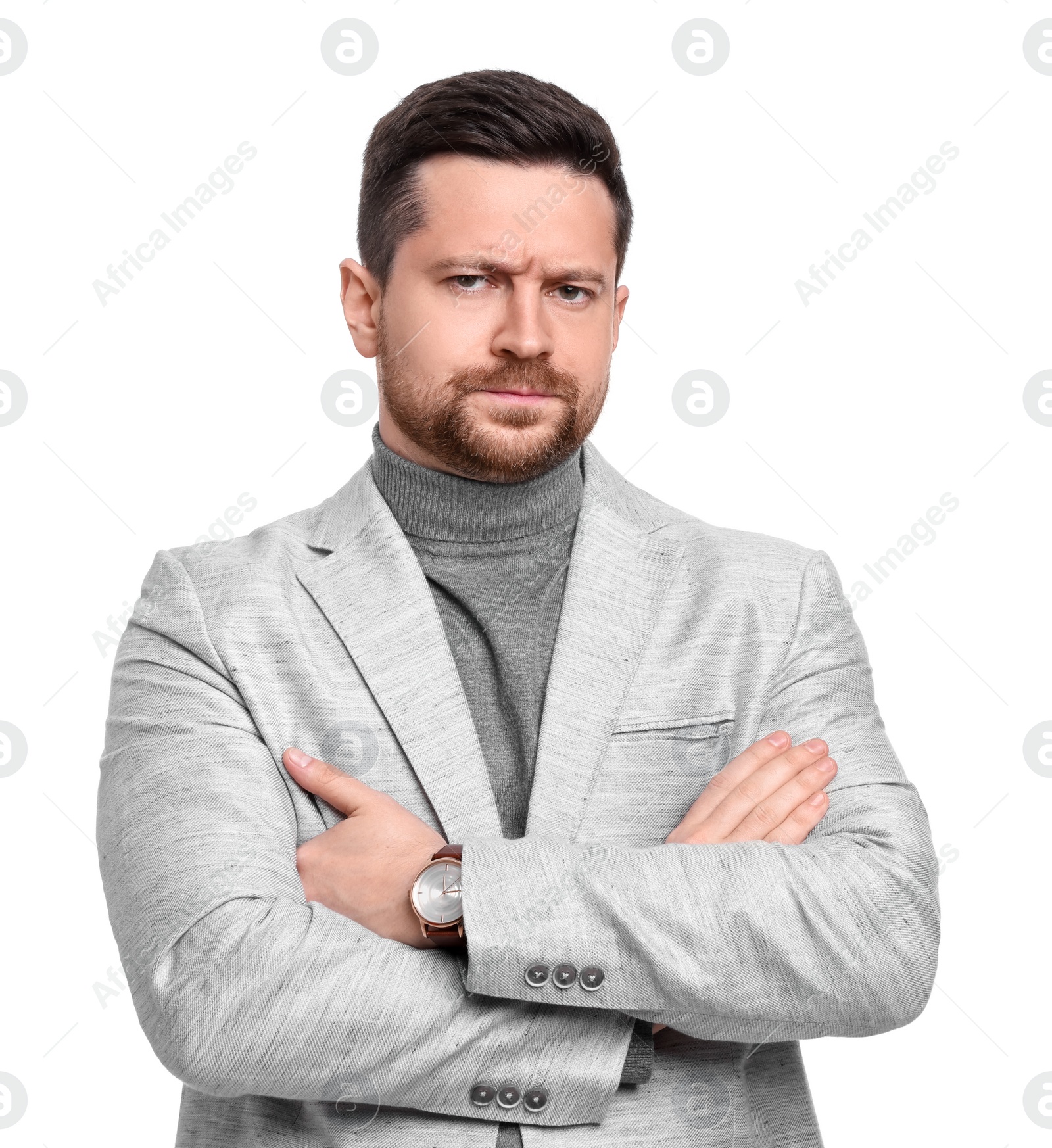 Photo of Handsome bearded businessman in suit on white background