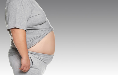 Image of Closeup view of overweight man on light grey background, space for text