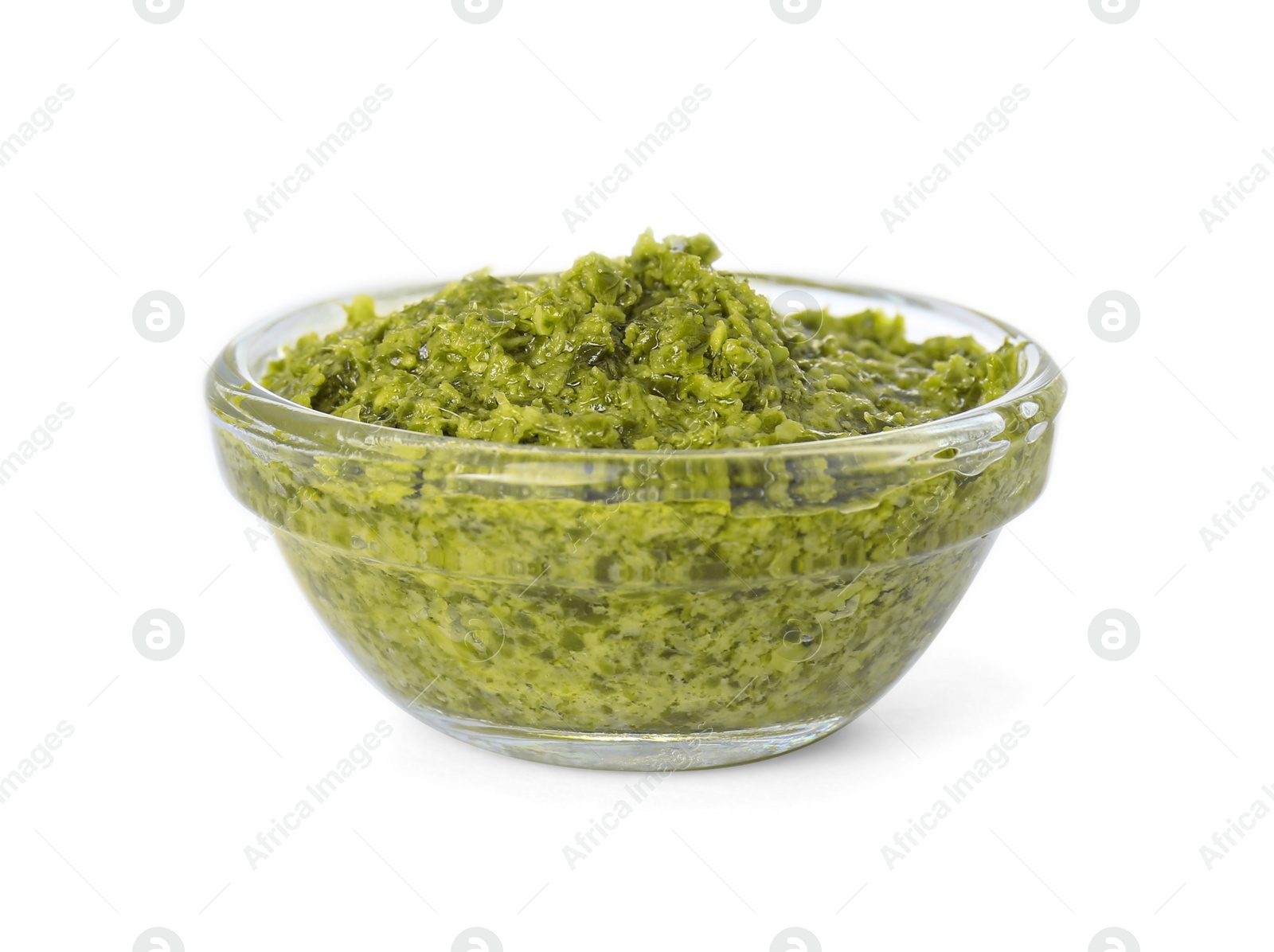 Photo of Delicious pesto sauce in bowl isolated on white