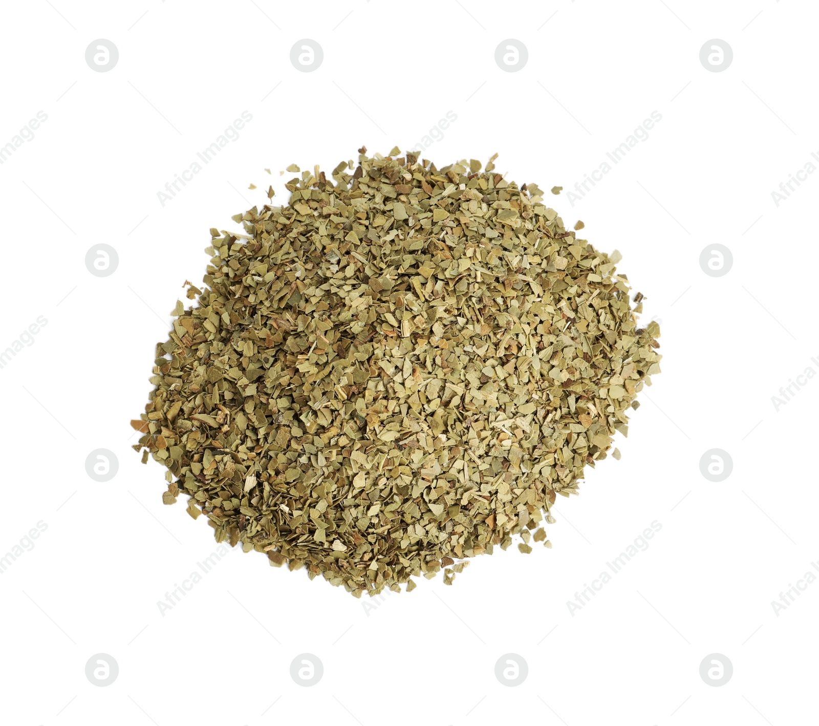 Photo of Pile of aromatic mate tea isolated on white, top view