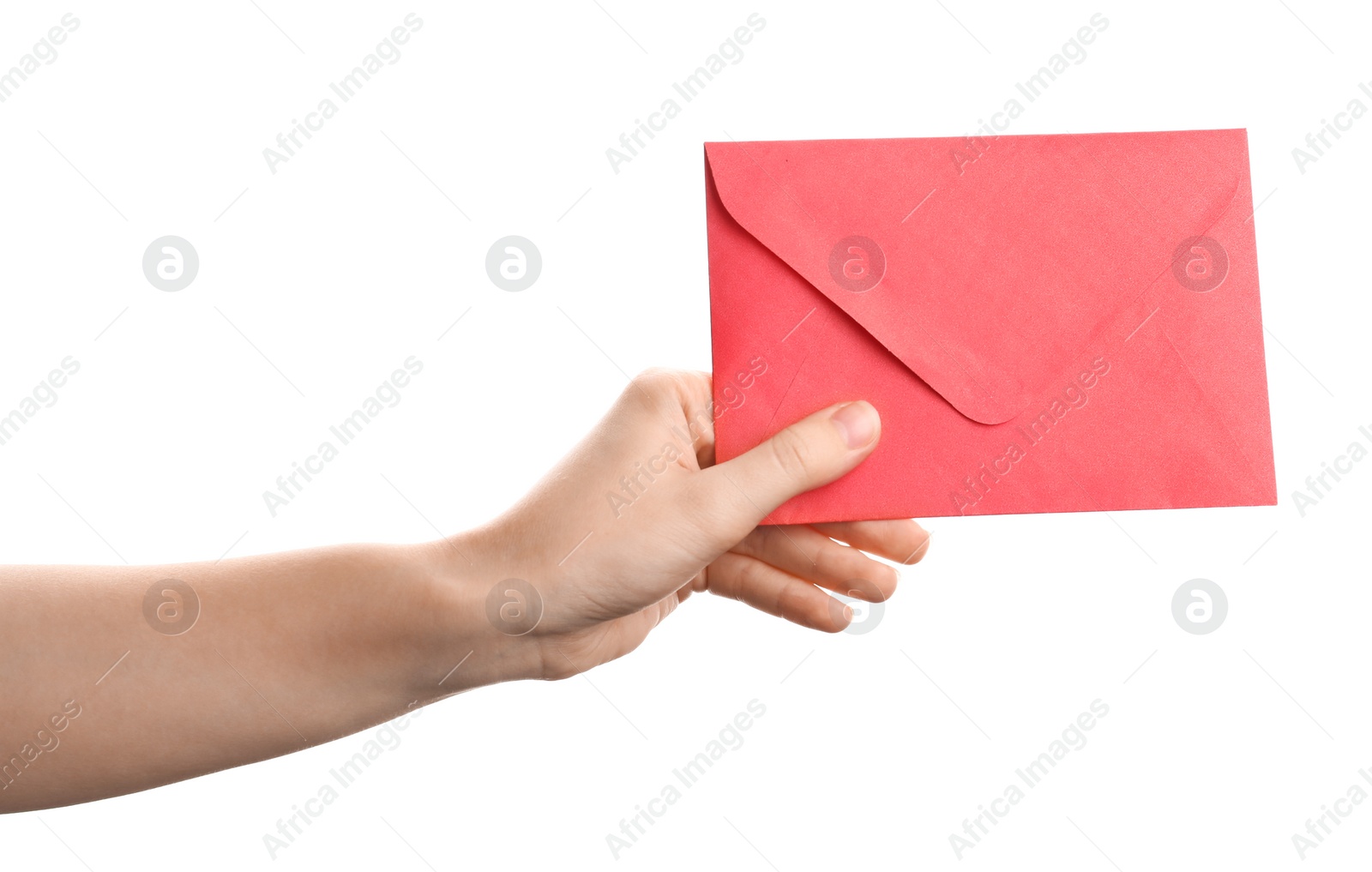 Photo of Woman holding red paper envelope on white background, closeup